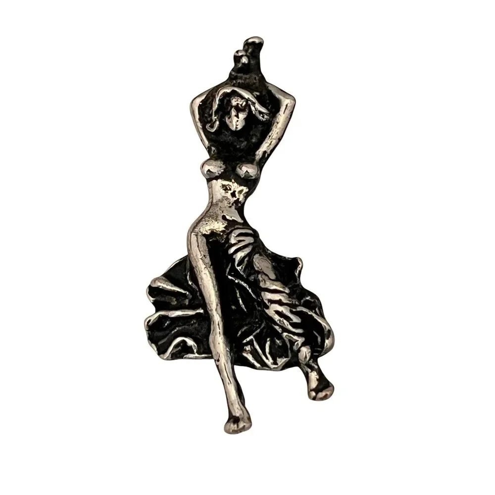 Vintage 1990s Biker Pinup Woman Brooch Antiqued Silver Tone Figural - 1I